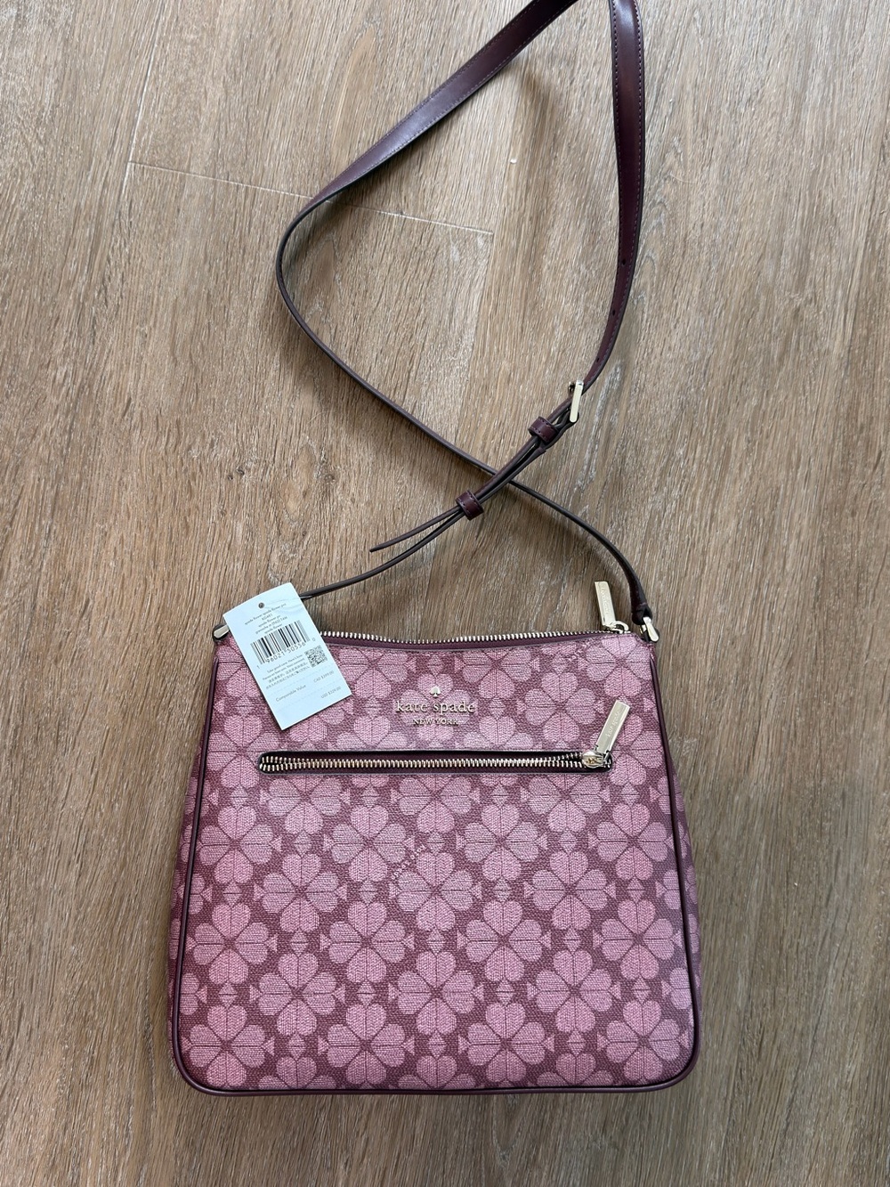 kate spade Pink Floral Jacquard Crossbody with Gold Hardware and Dark Rose Strap